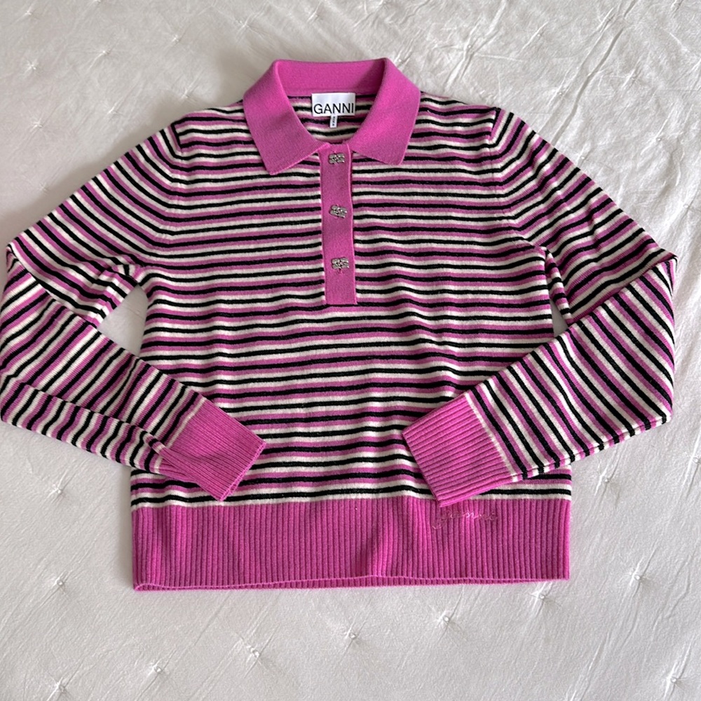 NWOT Ganni striped polo sweater